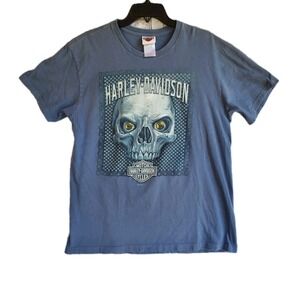Harley Davidson Mens Blue Skull Graphic T-Shirt Biker Motorcycle Tee Size L